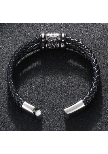 Punk Erkekler Viking Tarzı Deri Bileklik Örgülü Çok Katmanlı Paslanmaz Çelik İskandinav Rünleri Bilezikler Çift Takı Hediye Siyah