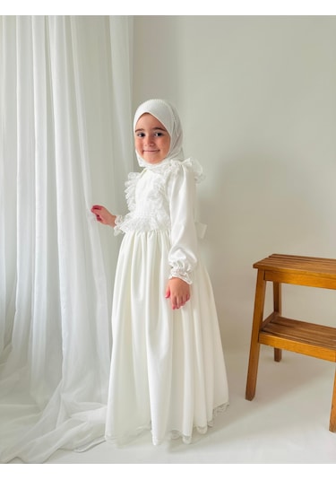 Kız Çocuk Tesettür Elbisesi Merasim Elbisesi,başörtülü Takım 3-12 Yaş Uygun Beyaz