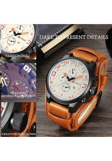 Curren M8225 Askeri Deri Quartz Erkek Kol Saati Siyah Sarı