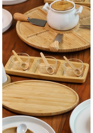 Atbyhome 12 Kişilik 63 Parça Seramik - Bambu Kahvaltı Takımı - Lüx Kahvaltılık Sunum Seti Kahverengi