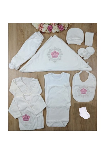 Webombinolo Bebe Nakışlı Taşlı 11 Parça Yeni Doğan Hastane Çıkışı - Ekru - Pembe