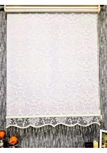 Bbb Simli Boncuklu Damask Desenli Çift Mekanizmalı Tül Stor Perde Ekru Mt1018sb Ekru