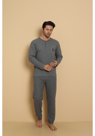 Falkon 7008 İnterlok Kışlık Çizgili Pijamalı Erkek Pijama Takımı Füme