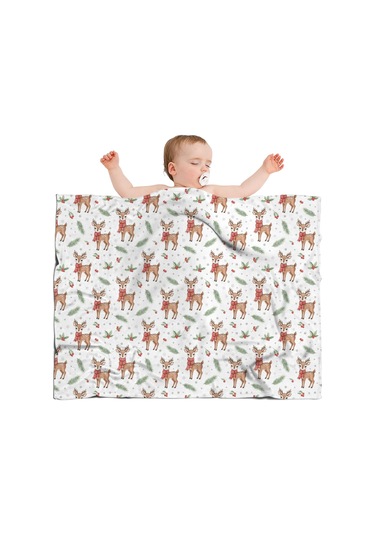 Noel Desenli Bebek Battaniyesi 40x30 İnç, Polar, Yumuşak, Hafif Ve Kalın Noel Geyik Kuzu Kızılcık