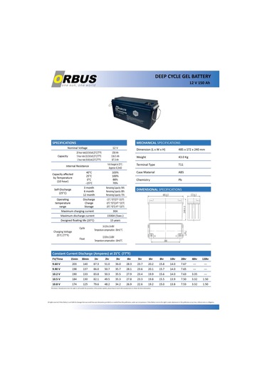 Orbus 12 Volt 150 Amper Jel Akü - Derin Döngü - 12 V 150 Ah Deep Cycle