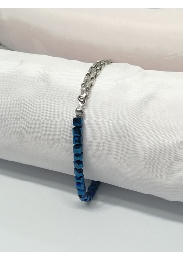 Glamglamour Mavi Hematit Küp Taşlı Bileklik Mavi - Gümüş