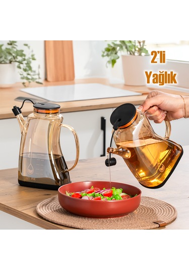 Porsima 3855-1 Şeffaf 2li 1lt Borosilikat Cam Zeytinyağ Şişesi - 2li Yağlık Ve Sirkelik Seti Siyah Siyah