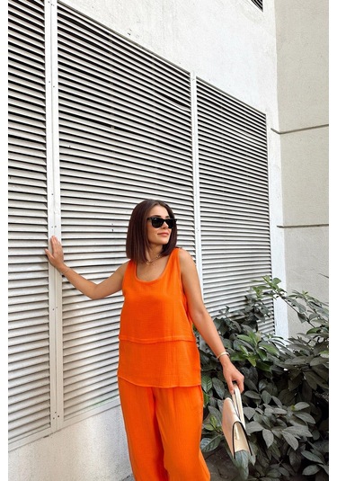Turuncu İthal Müslin Kumaş, Basic, Katlı, Salaş Askılı Bluz & Atlet Turuncu