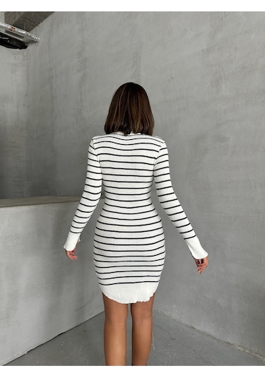 Kadın Çizgili Polo Yaka Mini Triko Elbise Beyaz