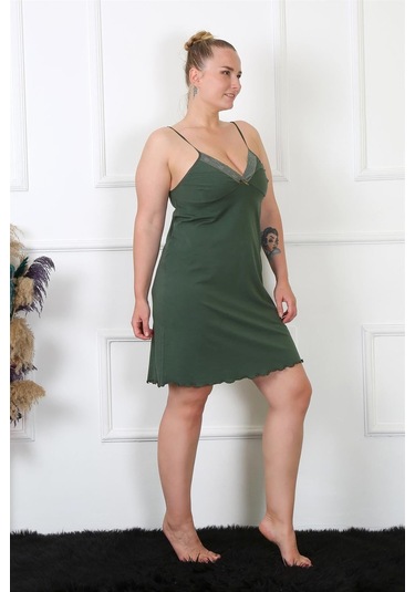 Akbeniz Kadın Haki Pamuklu İp Askılı Büyük Beden Gecelik 985-haki Haki