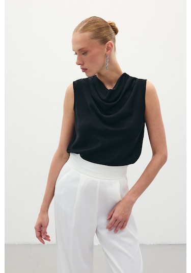 Sateen Degaje Yaka Saten Bluz - Siyah-136070 Siyah