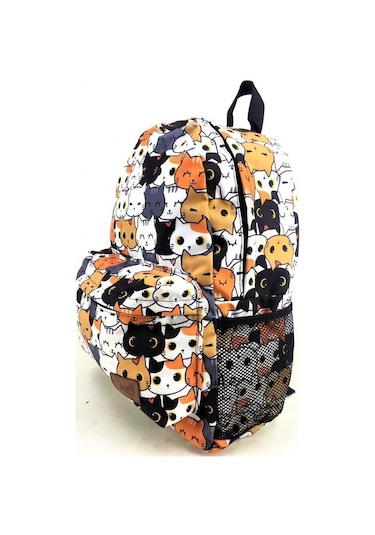Luckybag Renkli Kedi Desenli Dayanıklı Spor Seyahat Yürüyüş Okul Genç Çocuk Sırt Çanta Krem