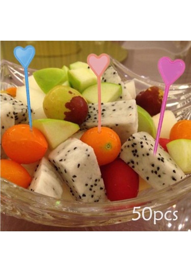 50 Adet Plastik Tek Kullanımlık Çatal Sopa Yiyecek Kürdanları Kalp Ok Tatlı Meyve Çatalları