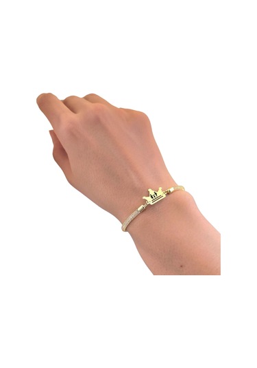 Archin Aile Temalı Hasır Kordonlu Taç Figürlü 14 Ayar Altın Plakalı Hediye Bileklik-464sembol Aile