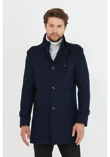 Erkek Lacivert Dar Kesim Dik Yaka Uzun Kaşe Kaban-Lacivert