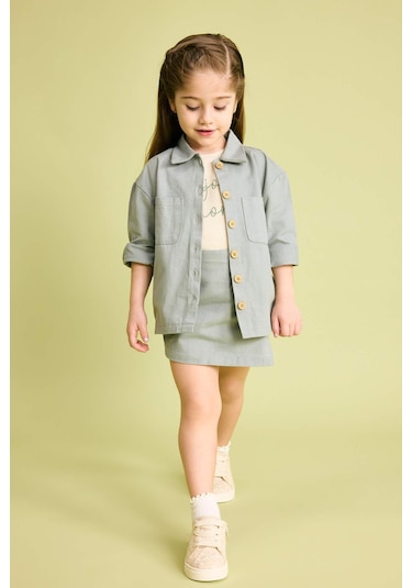 Defacto Kız Bebek Cepli Gabardin Uzun Kollu Gömlek B9654A524SPGN1102 Yeşil