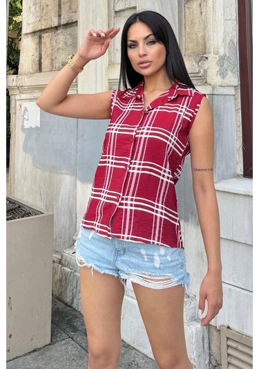 Kadın Bordo Ekose Desen, Dokulu Bodrum Kumaş, Kolsuz Rahat Gömlek Bordo