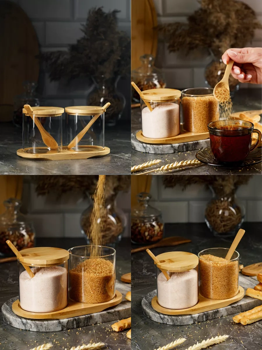 Homehoud Şekerlik Ve Tuzluk Kaşıklı Set Kahverengi İle Birlikte 188900137 Beyaz