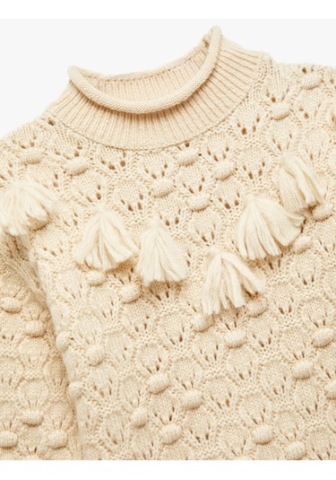 Koton Dik Yaka Uzun Kollu Püsküllü Triko Kazak Bej 6wkg90073ht Ekru