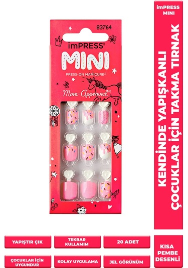 Mini Kendinden Yapışkanlı Çocuk Takma Tırnağı Pembe Desenli