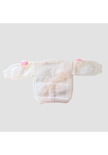 Uretti - Gülnur 2184 - El Örgüsü Pembe Çiçekli Kız Çocuk Hırka 4 Yaş - Beyaz Beyaz