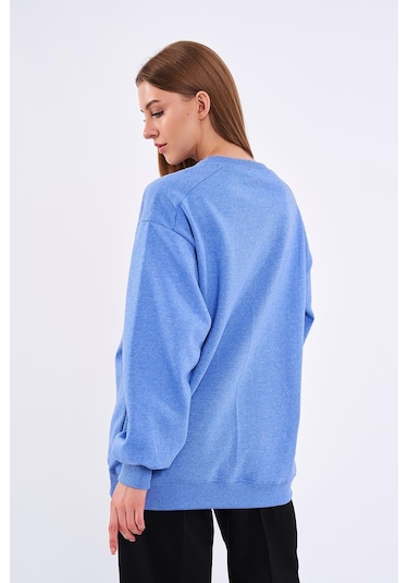 Comeor Mavi Kadın Pamuklu Oversize Basic Bisiklet Yaka Sweatshirt 001