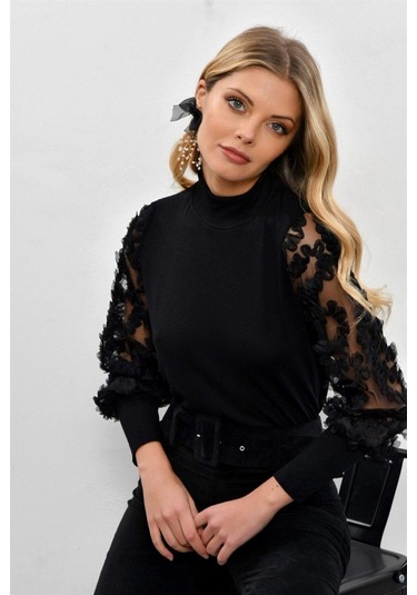 Kadın Siyah Kol Detayı Tül Bluz Siyah