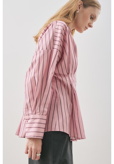 Pile Detaylı Gömlek Pembe Çizgili Pembe Çizgili