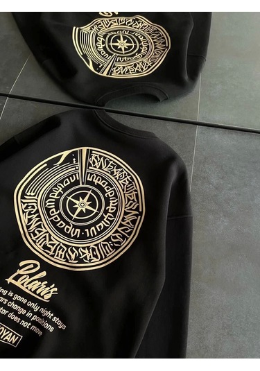 Kışlık Bisiklet Yaka Ön Ve Arka Baskılı Sweatshirt - Siyah Siyah