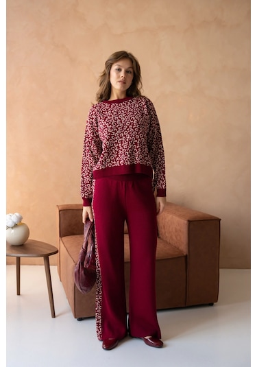 Kadın Geniş Yaka Desenli Kazak Pantolon İkili Triko Takım Bordo