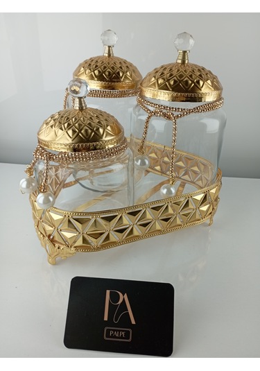 Çay Kahve Şekerlik Kavanoz Sunumluk Söz Nişan Kız İsteme Çikolatalık Dekoratif Obje Biblo Süs Eşya Üçgen Gold