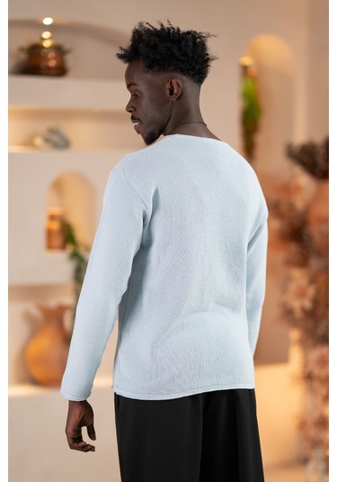 Regular Fit Likralı Kendinden Çizgili Mevsimlik Spor Kazak Mavi