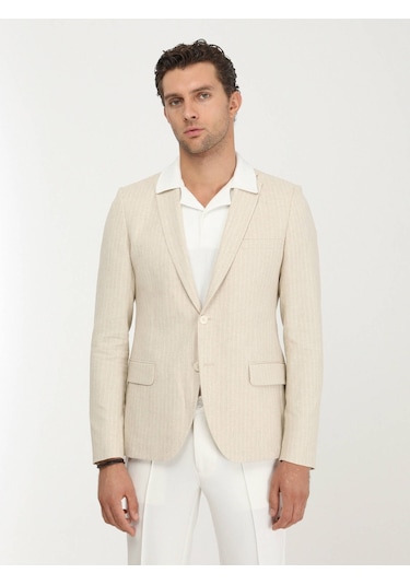 Kip Bej Çizgili Slim Fit Pamuk Karışımlı Ceket 001