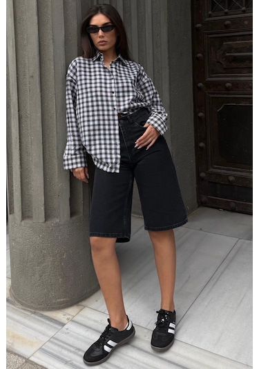 Madmext Siyah Oversize Kareli Kadın Gömlek Mg2822