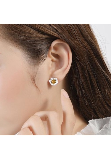 Moda Saplama Küpe Klasik Küçük Papatya Çiçekleri Tatlı Güzel Emaye Takı İyi Hediye Saplama Küpe Altın - Gümüş