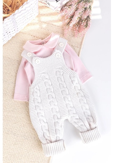 Triko Kışlık 2'li Kız Bebek Salopet Tulum Set Krem