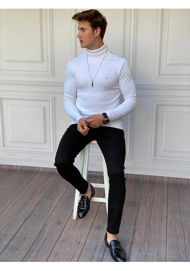 Modefendi Slim Fit A Kalite Pamuk Tam Boğazlı Kazak Beyaz