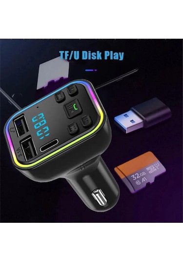 Araç Fm Transmitter Bluetooth Usb Mp3 Sd Kart Çakmaklık Girişli 7 Renk Led Işıklı Araç Kiti
