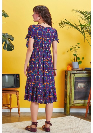 Ön Yırtmaçlı Çiçek Desenli Bohem Elbise 001