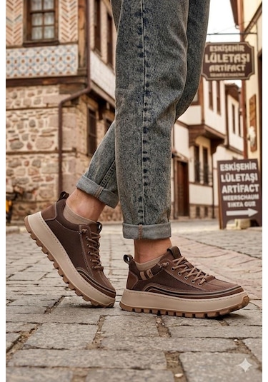 Guja 26y514 Rahat Hafif Taban Tekstil Lastik Bağcıklı Sneaker Erkek Ayakkabı Kahve