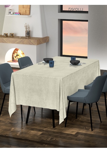 Kadife Dokulu Ekru Renk Masa Örtüsü Ekru