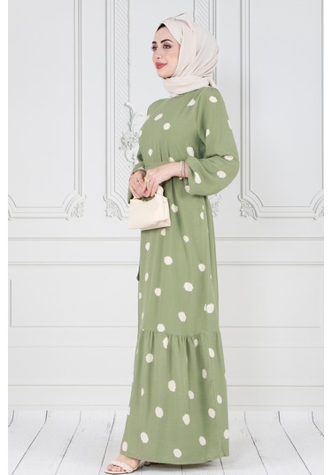 Puantiyeli Kuşaklı Tesettür Elbise-beyaz-3591-gül Kurusu Gül Kurusu