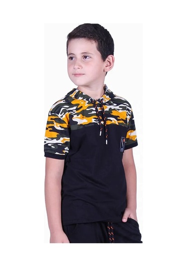 Kamuflaj Desenli Kapşonlu Sarı Erkek Çocuk T-shirt Sarı