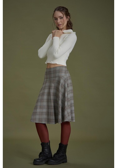 Bohem Tarz Kahve Gri Kareli Kloş Etek 001