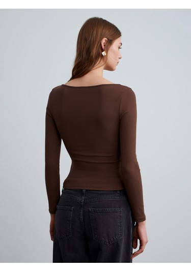 31401 Büzgülü Kayık Yaka Top-açık Kahve Açık Kahve