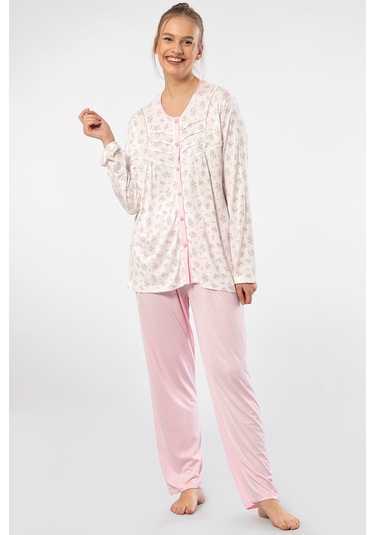 Türen 3367 Kadın Büyük Beden Uzun Kollu Pijama Takım-pembe Pembe