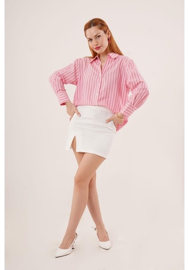 Çift Çizgi Geçişli Düğmeli Pembe Gömlek Karışık Çok Renkli
