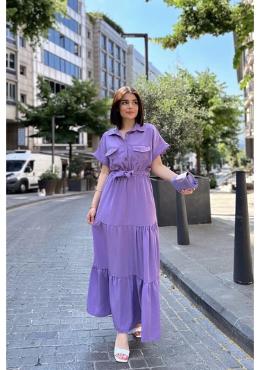 Mor Kısa Kol, Airobin Kumaş, Yarım Patlı, Kemerli/kuşaklı, Eteği Pliseli, Cepli Maxi Uzun Elbise Mor