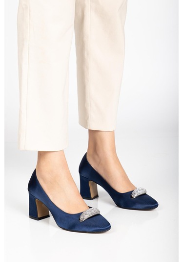 Kadın Siletto Topuklu Ayakkabı Lacivert Saten Taşlı Kalın Topuklu-4170 Lacivert