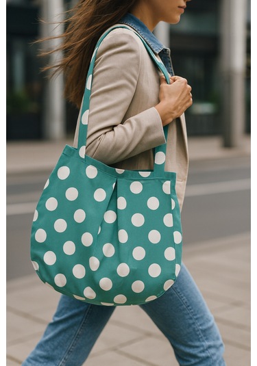 Yunusoğlu Home Su Yeşili Çok Amaçlı Premium Oversize Puantiyeli Orta Boy Kanvas Kadın El Ve Omuz Çantası Su Yeşili Puantiyeli